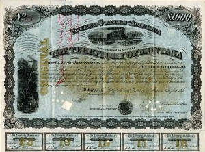 Territory of Montana - Very Rare Gorgeous $1000 Bond with Gold Underprint 